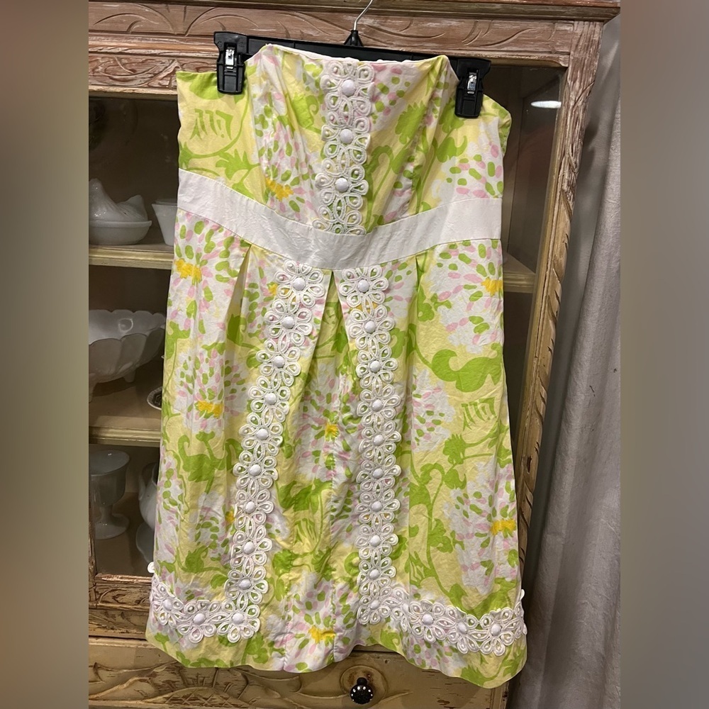 Lilly Pulitzer Jubilee Strapless Dress Green Pink Beaded Floral Cottagecore Sz10